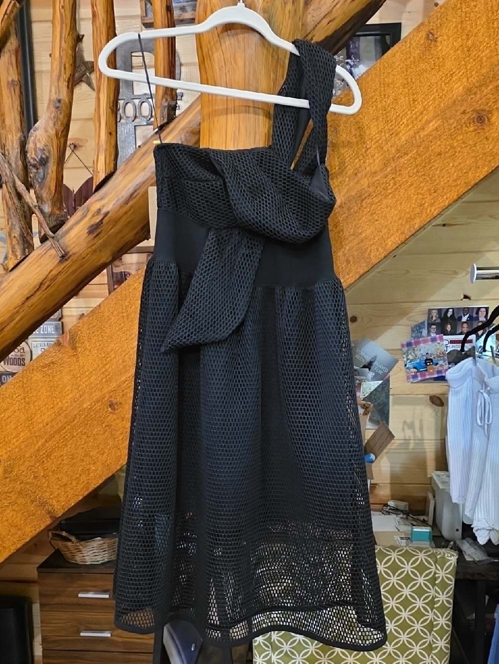 New. Xtaren Black One-Shoulder Mesh Fit-and-Flare Dress
